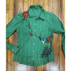 Johnny Was 3j Workshop Green Embroidered Button Medium Runs Small Floral Peacock